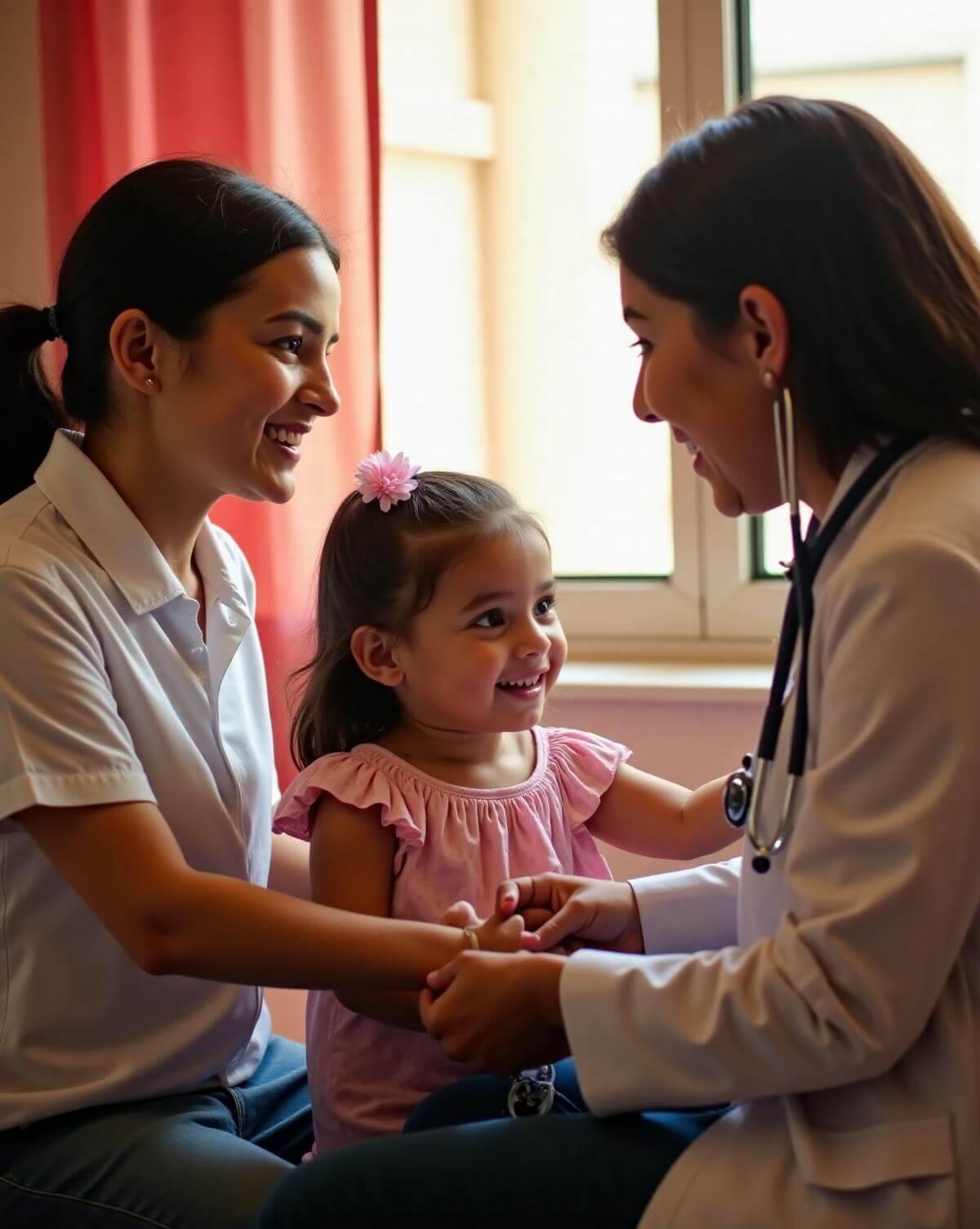Médica atendiendo a una niña acompañada de su abuela en una clínica comunitaria