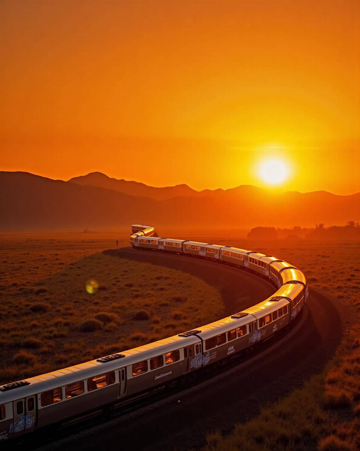 Tren moderno de pasajeros cruzando un paisaje mexicano al atardecer